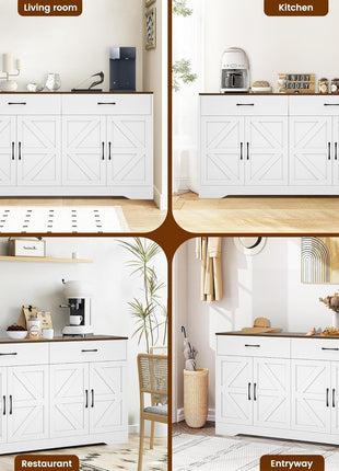 Modern 55.1-Inch Sideboard Buffet Cabinet with Storage, Drawers, and Doors for Kitchen and Living Room, White Wood Farmhouse Coffee Bar Table