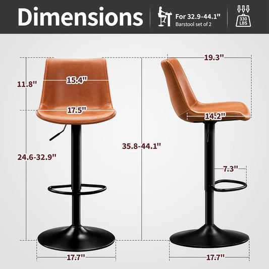 Vintage Bar Stool Height Adjustable Crazy Horse Leather Bar Chair X-Large Base and Seat Bar Stools, Ergonomic Bistro Stool with Footrest for Kitchen Dining Bistro Pubx Set of 2 Whisky Brown