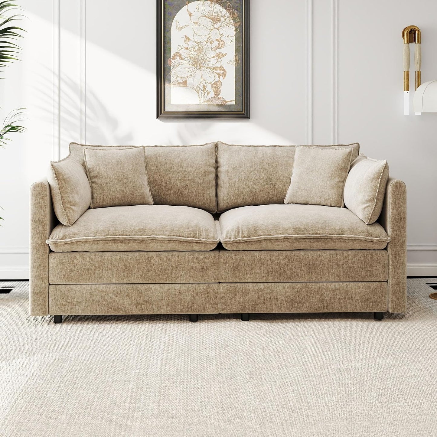 Modular Sectional Sofa Modern Convertible Loveseat Couch,77.16 Inch Deep 2-Seater Sofas Comfy Chenille Cloud Sofas and Couches with Pillows for Living Room Apartment（Camel）