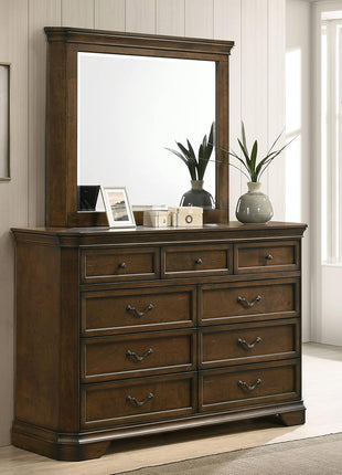 Maderne Traditional King Wood Panel Bed Set with Dresser, Mirror, Two Nightstands, and Chest in Antique Walnut Finish