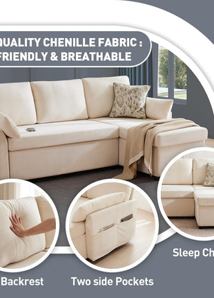 85-Inch L-Shaped Sectional Sofa with Pull-Out Sleeper, Modular Chenille Deep Seat Design, Reversible Chaise, Storage Solutions, Side Pockets, and Dual USB/Type-C Charging Ports in Beige