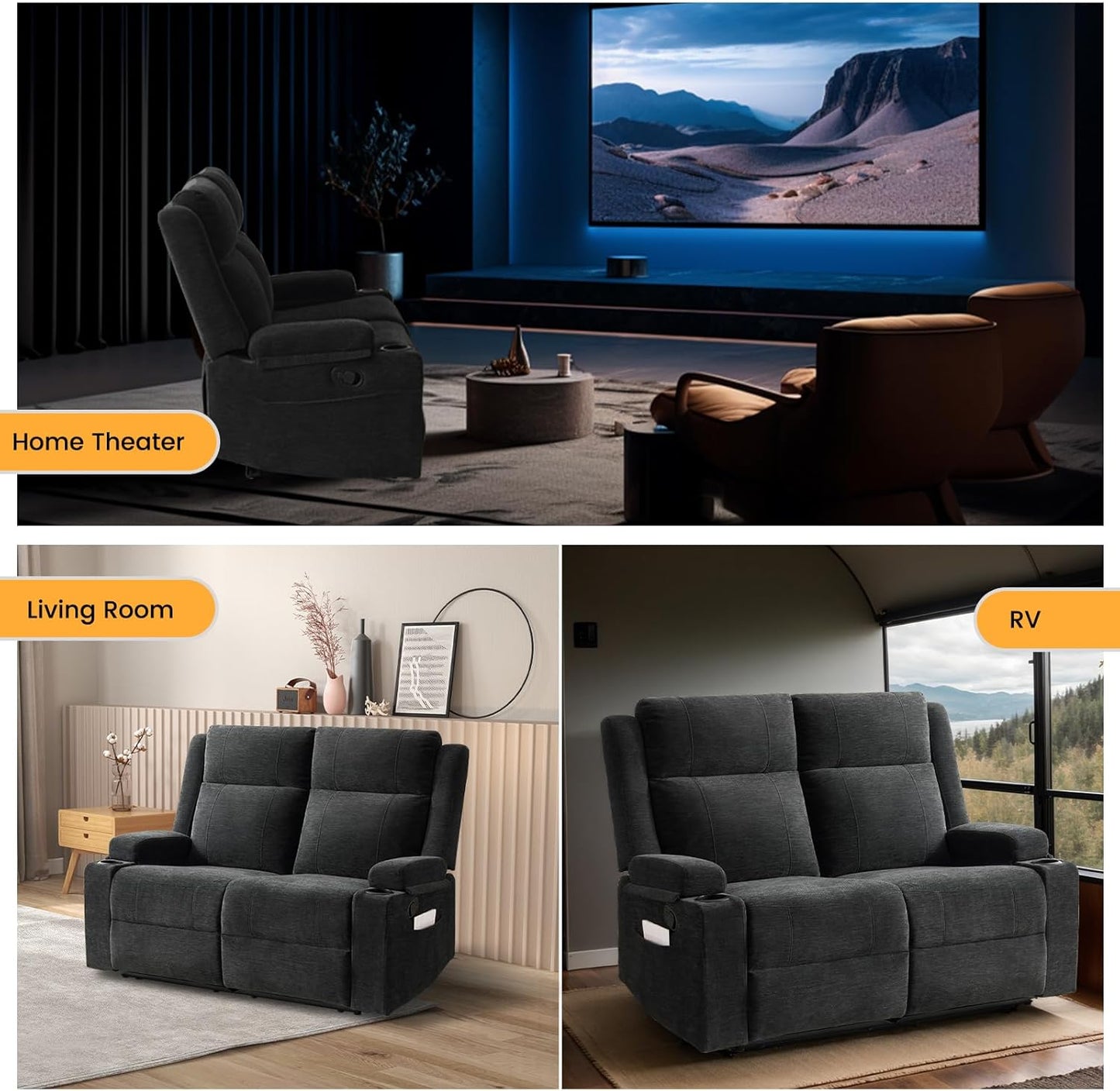 Loveseat Recliner Sofa, Double Recliner Loveseat with Adjustable Footrest & Cup Holder, Wall Hugger Sofa for Living Room & Home Theater & Rv(Black)