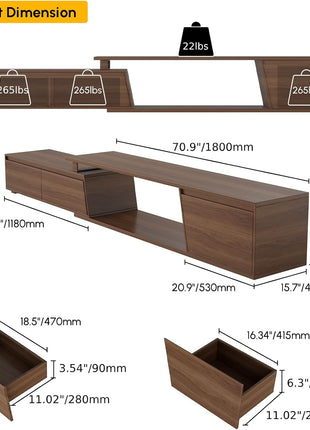 Extendable Walnut TV Stand for Living Room - Minimalist Media Console with Three Drawers and Adjustable Design for TVs up to 110 Inches