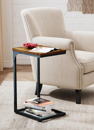 C-Shaped Side Table Set of Two in Rustic Brown Farmhouse Design for Living Room (Model 017-30BN)