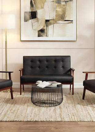Mid-Century Modern 1 Loveseat Sofa and 2 Accent Chairs Set with Wooden Armrests for Living Room (Model 8428, Black)