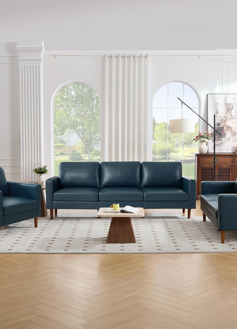 Mid-Century Modern Faux Leather Sofa Set with Loveseat and Chair, 2 & 3 Seater Couch with Solid Wood Legs in Dark Navy for Living Room and Bedroom