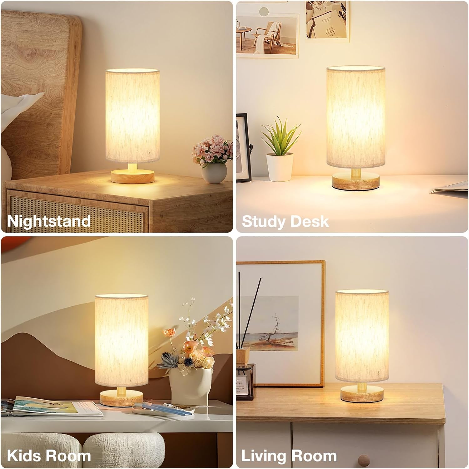Small Table Lamp for Bedroom - Inline Control, Bedside Lamp with 3000K A15 LED Blub, Easy Assembly (Cream Shade - Wood Base, 9" Inline Control)