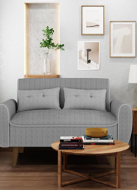 Mid-Century Modern Light Grey Upholstered Loveseat Sofa for Small Spaces with Accent Pillows, Ideal for Living Rooms, Studios, and Apartments
