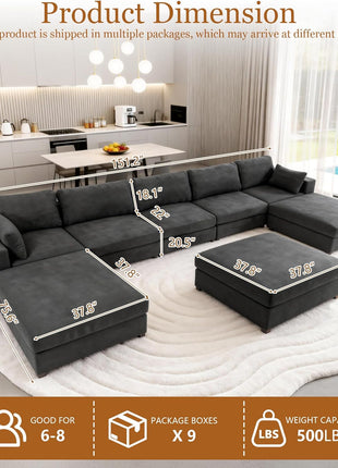 Oversized Modular Sectional Sofa - Extra Large Deep Seat Couch with Removable Covers, Modern Luxury Chenille Cloud Couch for Living Room and Apartment (Gray, 5-Seater + 3 Ottomans)
