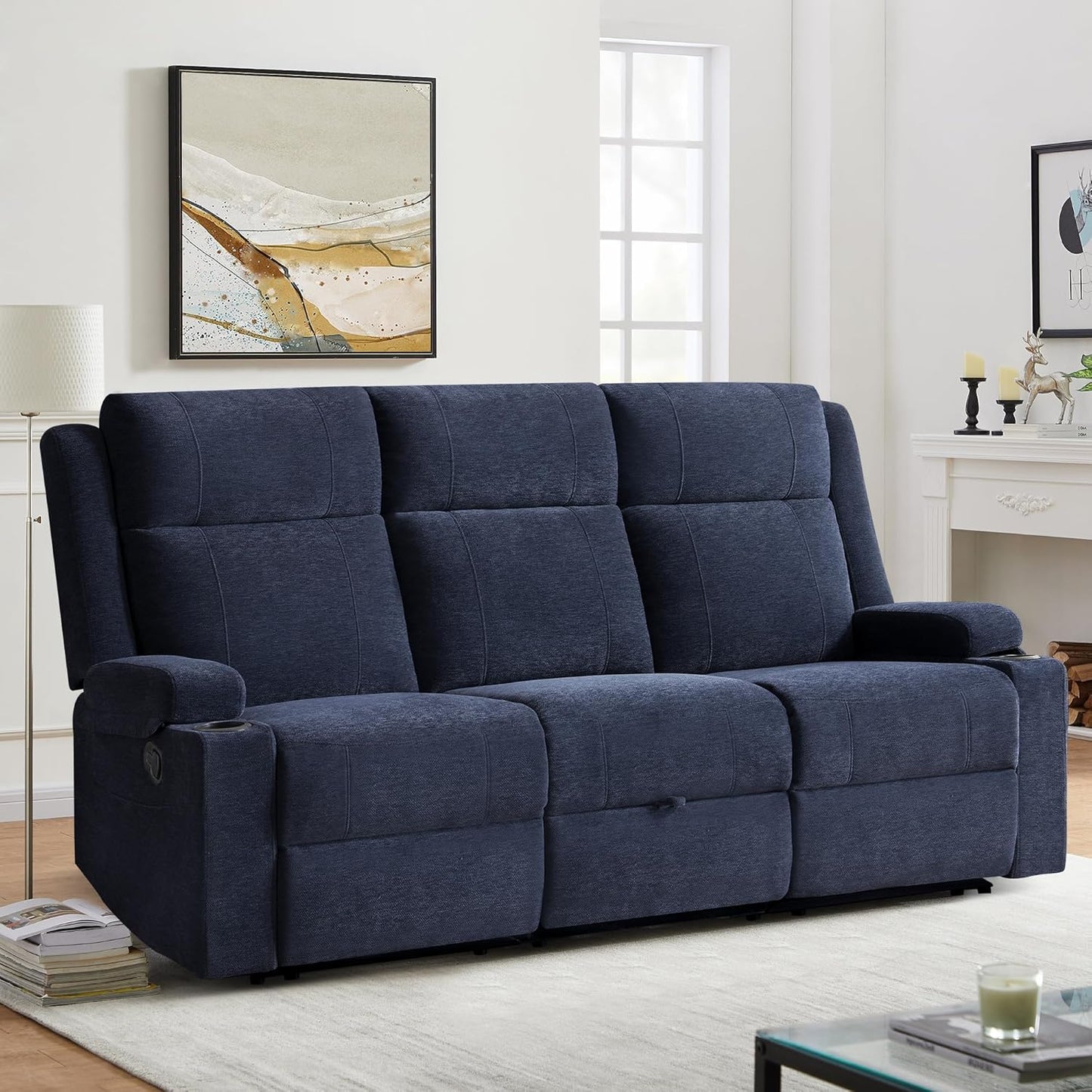 Large Manual Reclining Sofa 3-Seater Chenille Recliner Couch with Cup Holders, Wide Seat, Easy Assembly & Spill-Resistant Fabric Cozy Reclining Sofa for Living Room, Apartment, RV, Blue