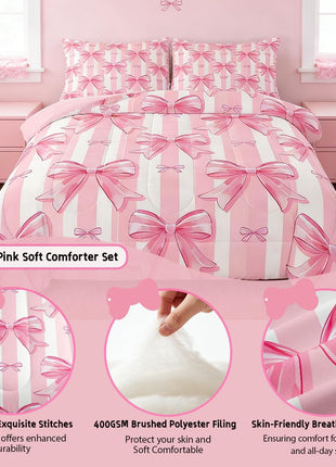 Pink Bowknot Comforter Set - Full Size Dreamy Princess Bedding for Girls' Bedrooms, Kawaii Geometric Bow-Tie Design, All-Season Comforter Set