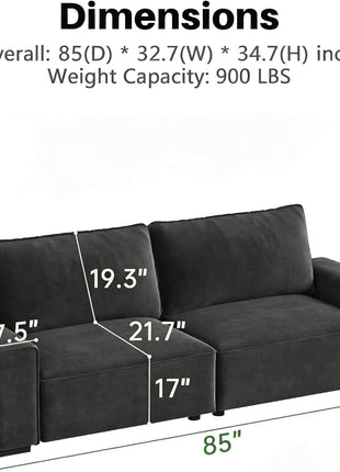 85-Inch Chenille Upholstered Sofa for Living Room - 3-Seater Modern Design with Wide Armrests and Thick Spring Cushions in Dark Grey Suitable for Apartment, Office, Bedroom, or Small Spaces