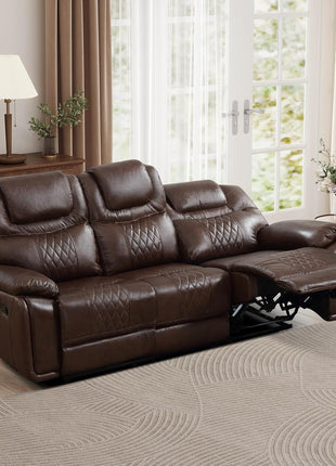 Genuine Leather Three-Seat Manual Reclining Sofa with Overstuffed Armrests, Ideal for Living Rooms, Meeting Rooms, and Bedrooms, Dark Brown