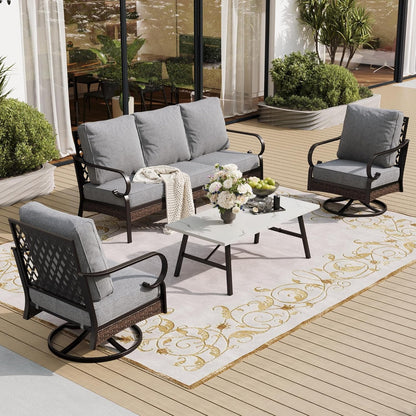 4 PCS Metal Outdoor Patio Furniture Set, Patio Conversation Sets 1 3-Seater Sofa, 2 Swivel Chairs with 5.75" Extra Thick Cushion & Coffee Table, Black Frame Backyard Furniture, Gray