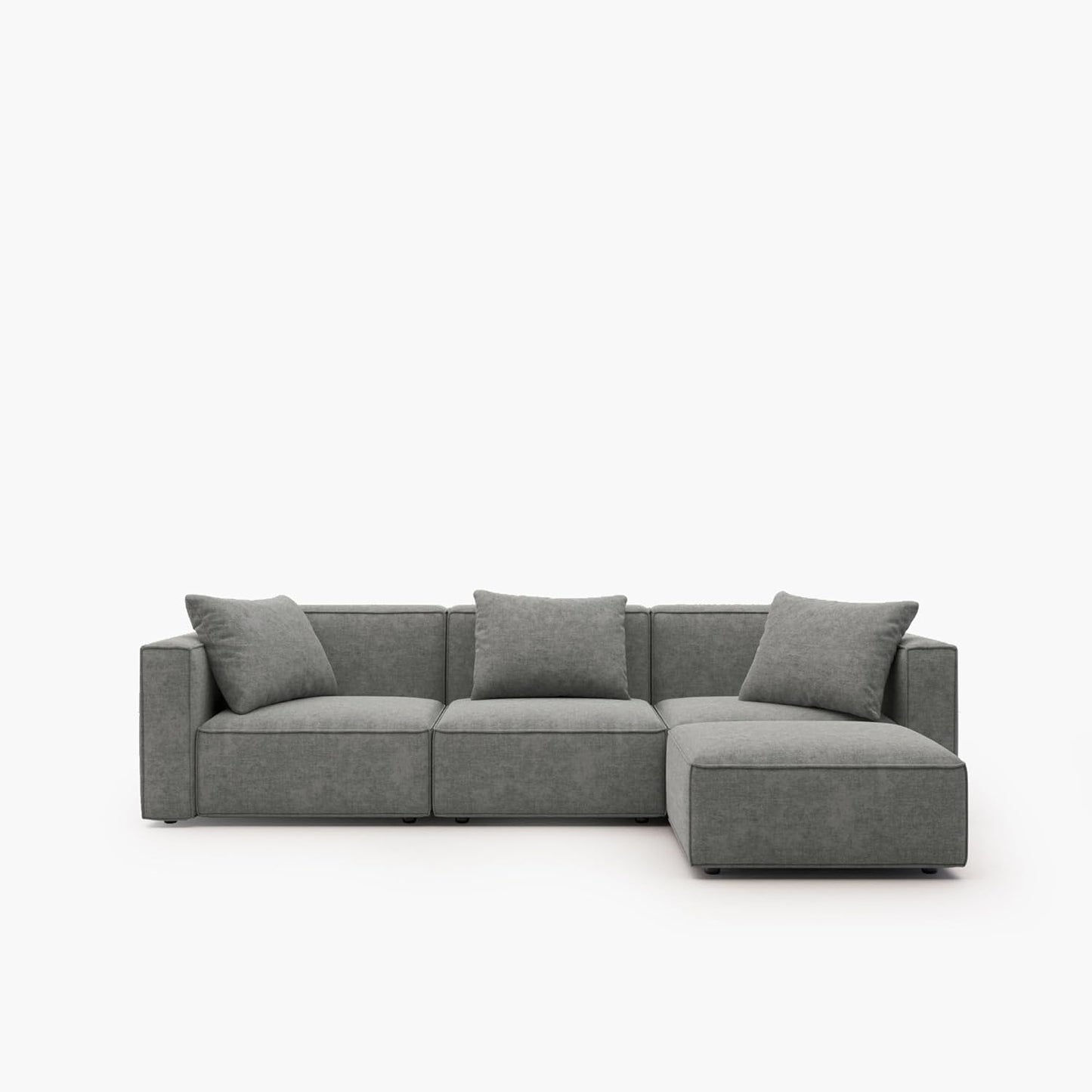 Luxury Modular Sectional Living Room Sofa Set, Modern Minimalist Style Couch with Ottoman and Chaise, L-Shape, Grey