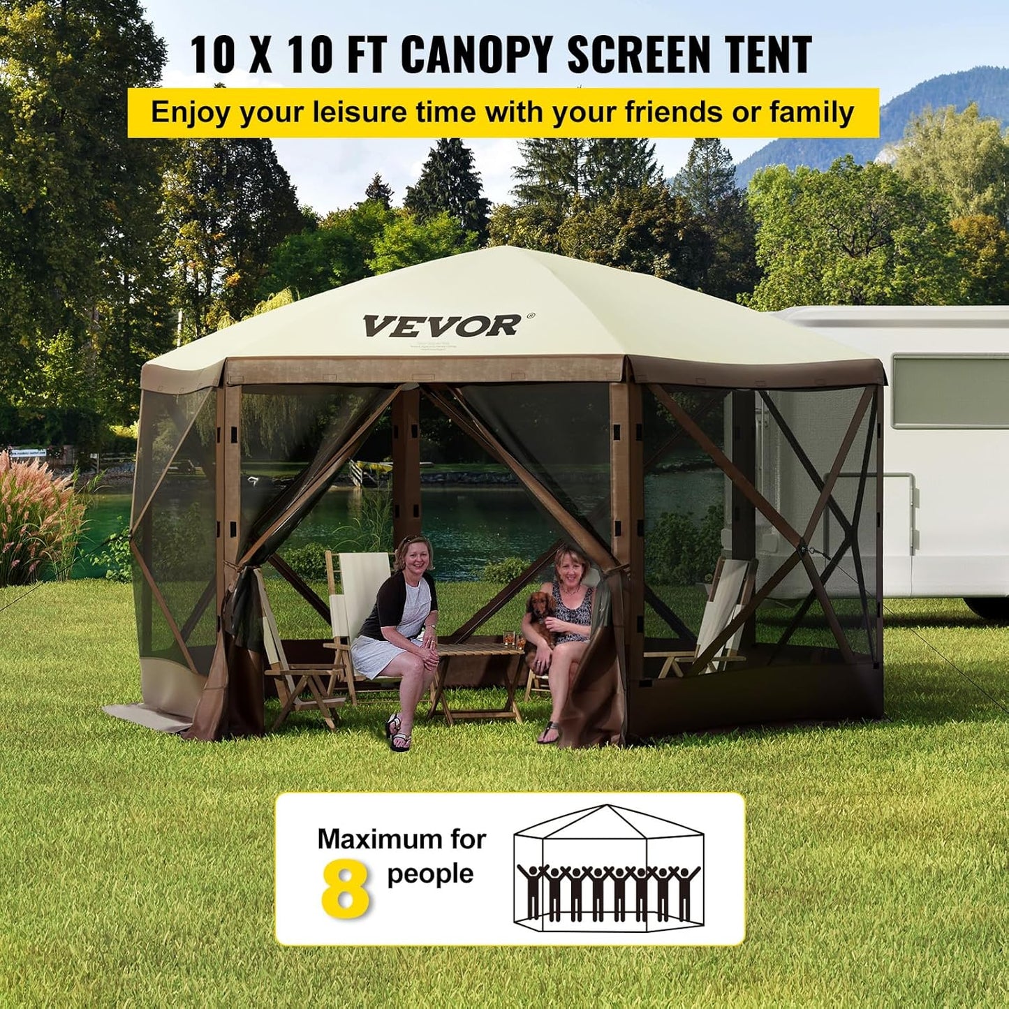 Pop up Gazebo Screen Tent, Pop-Up Instant Gazebo Tents with Mosquito Netting Outdoor Canopy, 6 Sided Sun Shelter 10X10Ft with 6 Removable Wind Cloths & 2 Mesh Windows, Pavilion Tent for Patio