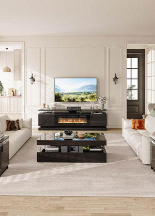 Elevate Your Living Room Aesthetic with a 4-Piece Contemporary Table Set Including a High Gloss Fireplace TV Stand, LED Coffee Table, and Two Stylish End Tables with Storage Drawers.