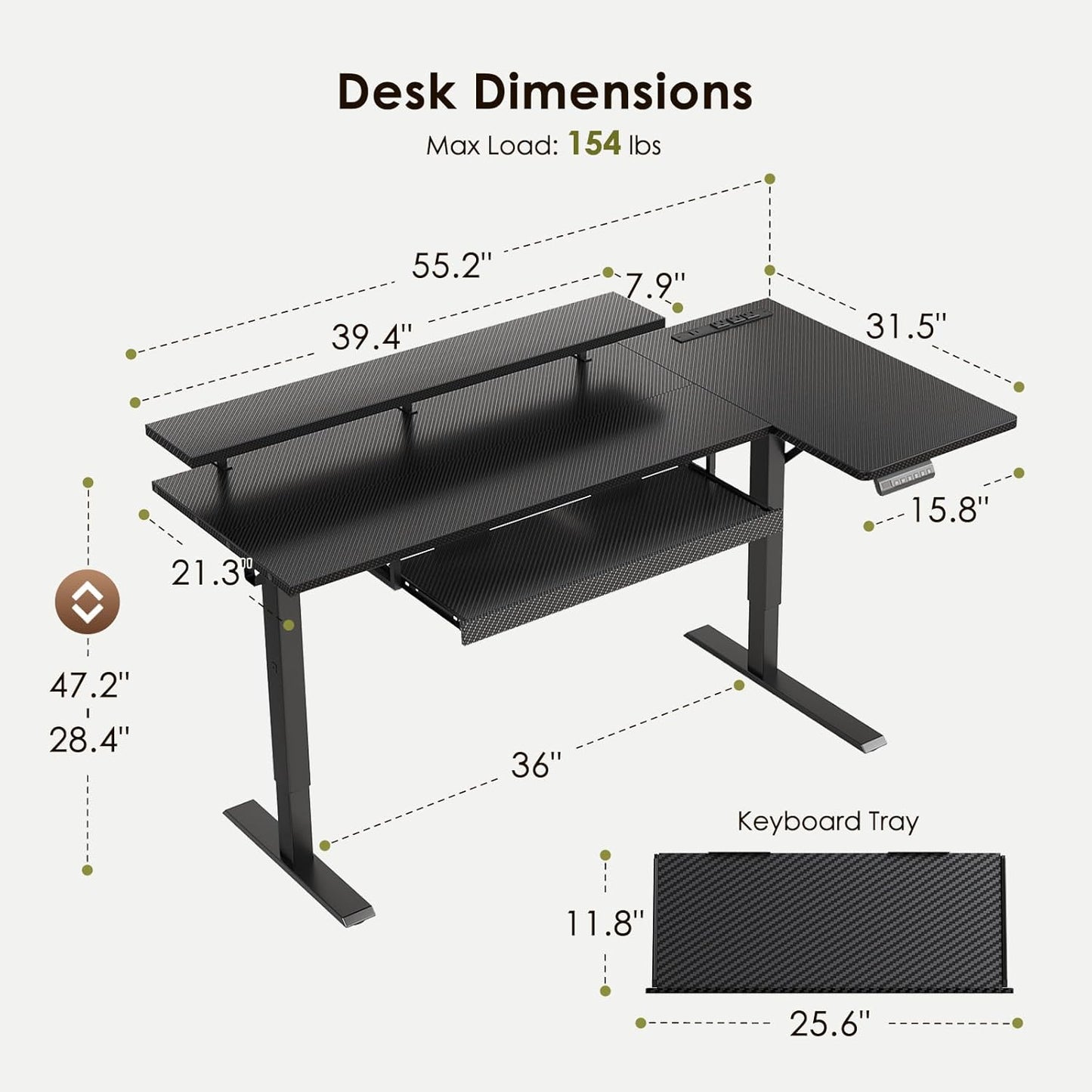 55 Inch L Shaped Electric Standing Desk with Keyboard Tray, Reversible Height Adjustable Corner Computer Desk with Monitor Stand, Sit Stand up Lift Table for Home, Office, Carbon Fiber Black