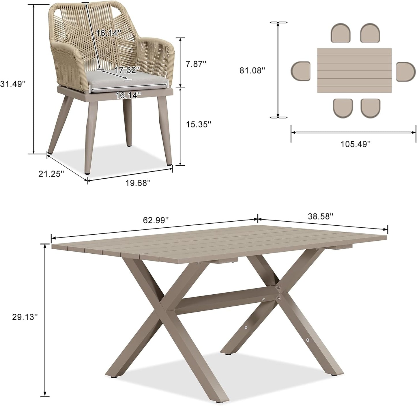 10' X 14' Outdoor Hardtop Gazebo with 7 Pieces Outdoor Dining Set, Champagne Aluminum Gazebo with Galvanized Steel Double Roof, Curtains and Netting for Patio Lawn and Garden