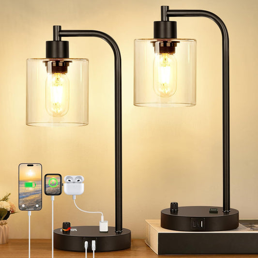 Set of 2 Industrial Table Lamps with USB C+A Ports and Outlet, Fully Stepless Dimmable Bedside Lamps for Bedrooms, Nightstand Desk Lamp with Glass Shade for Reading Living Room Office (Bulbs Included)