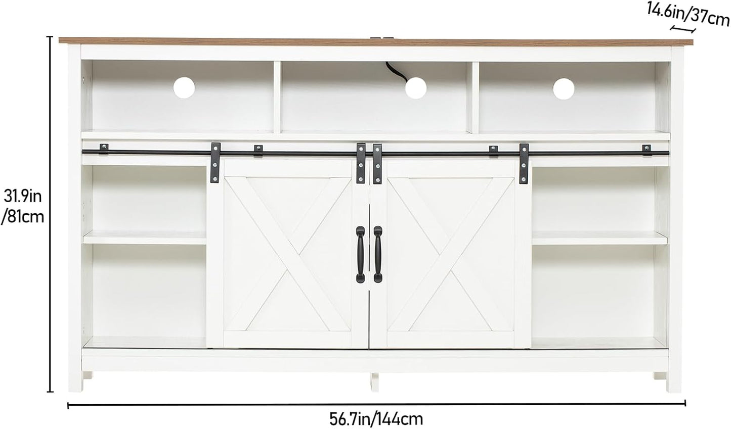 Farmhouse Coffee Bar Cabinet with Power Outlet, Rustic Sideboard Buffet Storage Cabinet with Storage, Wood Buffet Cabinet Serving Table Cupboard for Dining Room, Living Room, White