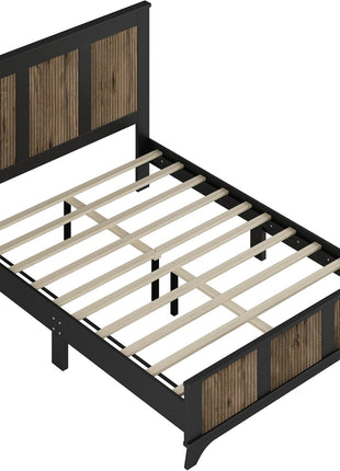 4-Piece Farmhouse Bedroom Furniture Set: Queen Size Platform Bed with Wooden Strip Accents, Two Storage Nightstands, and Dresser with Metal Handles in Black