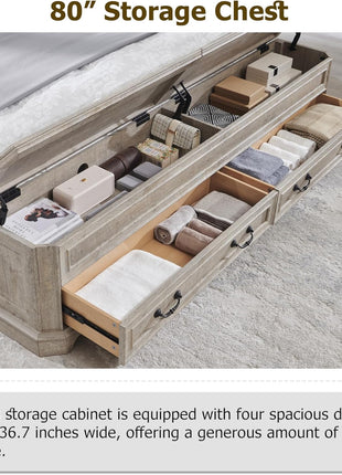 Rustic Wood Farmhouse King Bed with Headboard and Storage Bench, 80" Storage Chest with 4 Large Drawers in Light Rustic Oak