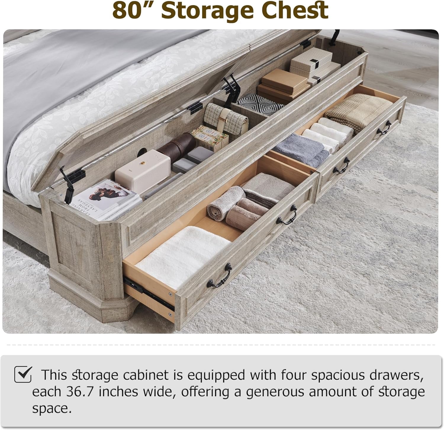 Farmhouse King Bed with Headboard and Storage Bench, Rustic Wood Platform Bed with 80" Storage Chest W/ 4 Large Drawer, Light Rustic Oak