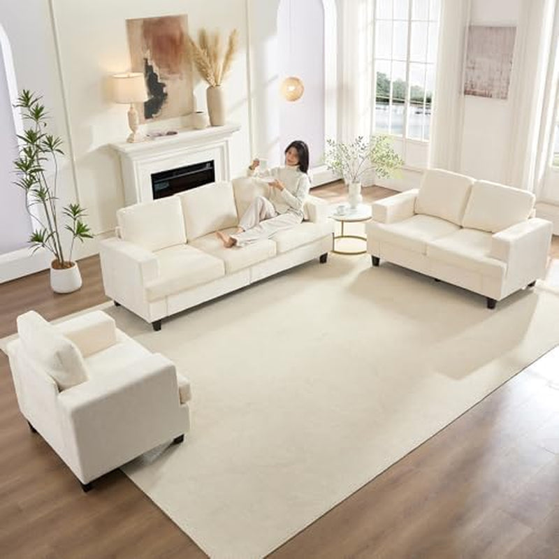 6 Seat Chenille Sectional Sofa Set for Living Room Furniture Set,3 PCS Modern Couch Set,82" Width 3 Seat Couch & Loveseat & Armchair with Solid Wood Legs and Thick Cushion(3+2+1Seat/Beige)