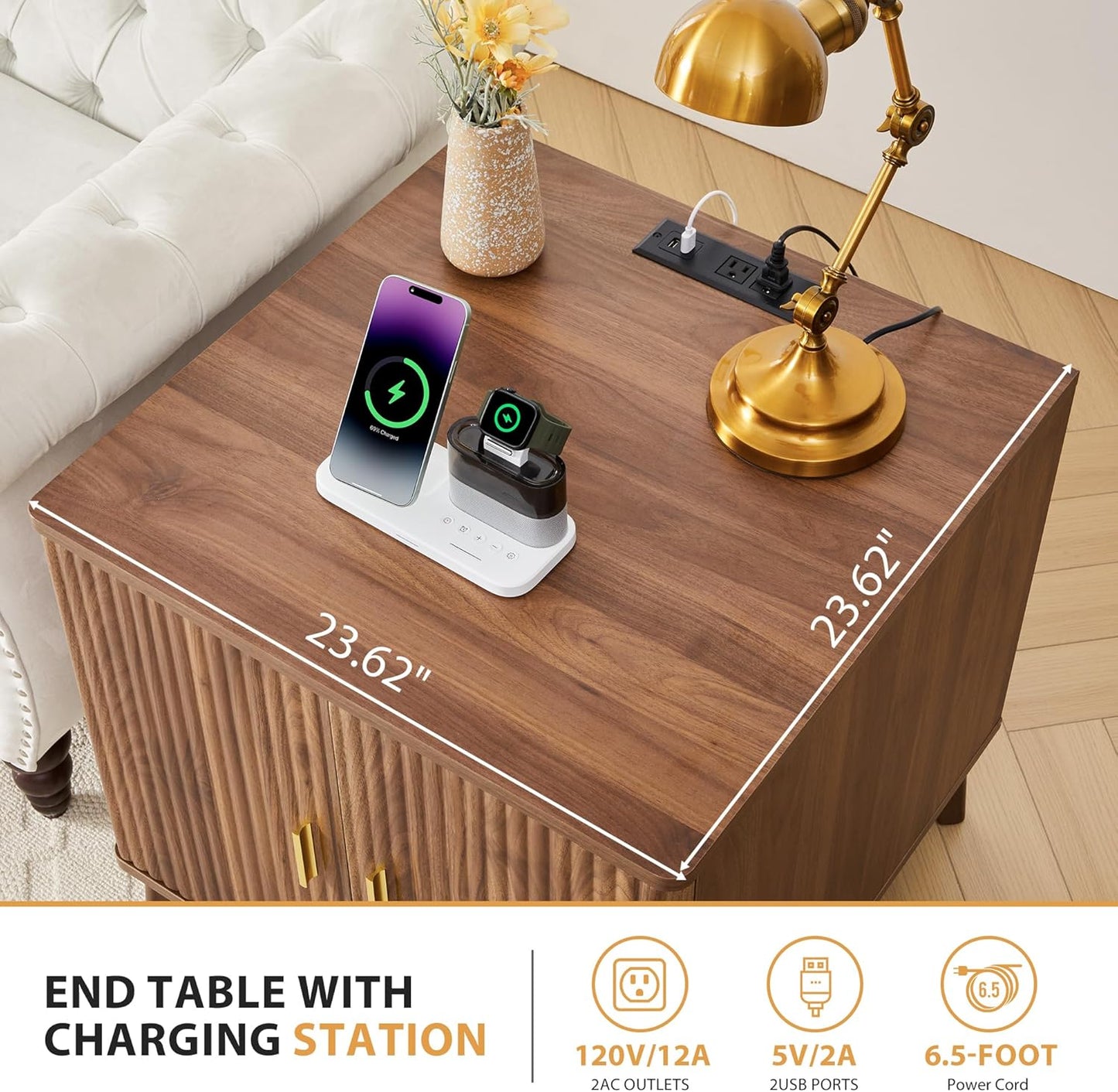Fluted End Table with Charging Station, Mid Century Modern Nightstand with 2 Doors, Bed Side Table with Storage for Couch,Living Room,Small Spaces, Sofa Side Table for Office,Dorm - Walnut