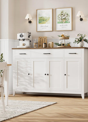 55-Inch Contemporary Farmhouse Buffet Cabinet with Drawers, Versatile Kitchen Storage Solution Featuring Adjustable Shelves, Perfect for Coffee Bar in Kitchen, Dining Room, or Living Room, White Finish