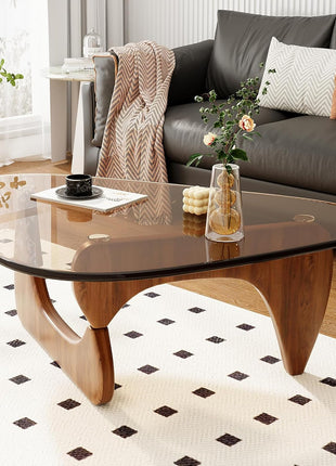 CAJCA Mid-Century Modern Coffee Table with Glass Top and Brown/Walnut Wood Base for Living Room