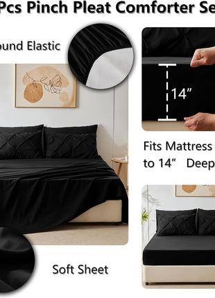 7-Piece Queen Comforter Set in Black - Premium Pintuck Bedding Set with Comforter, Sheets, Pillowcases, and Shams