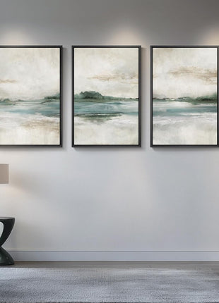 Large Framed Abstract Nature Landscape Art Set of 3 - Contemporary Canvas Prints for Living Room, Hallway, Dining Room, and Office Decor - Green Lake Artwork, 24x36 Inches