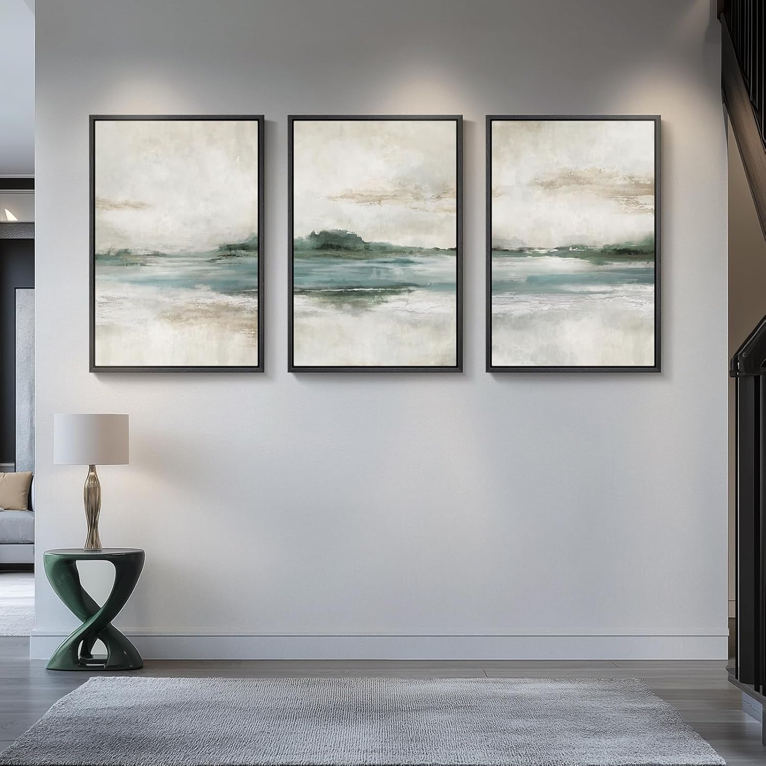 Large Framed Abstract Nature Landscape Wall Art for Living Room, Set of 3 Modern Canvas Prints Paintings Artwork for Walls, Green Lake Pictures for Hallway, Dining Room, Office Wall Decor 24X36 Inch