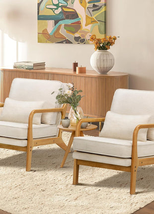 Mid-Century Modern Accent Chair Set of Two with Lumbar Pillow, Solid Wood Frame, and Plush Cushion for Living Room Comfort (Beige)