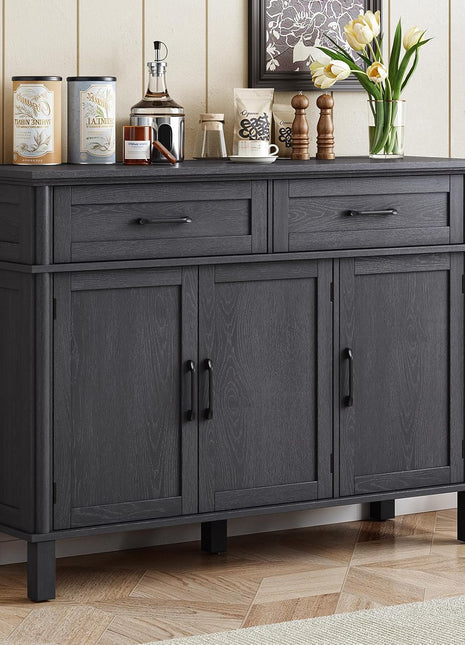 48-Inch Farmhouse Buffet Cabinet with Storage, Featuring 2 Drawers and 3 Doors, Wood Coffee Bar Cabinet with Adjustable Shelves for Kitchen and Living Room, Black Finish