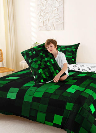 Pixelated Miners Full Size Comforter Set for Kids, Geometric Check Video Game Bedding, Gamepad Camo Grid Quilt with 2 Pillowcases, Black and Green Bedroom Decor
