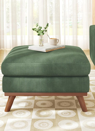 Large Rectangular Corduroy Ottoman with Spring Cushion, 29.5" Pouf Footrest for Living Room and Bedroom, Green Upholstery with Wooden Legs