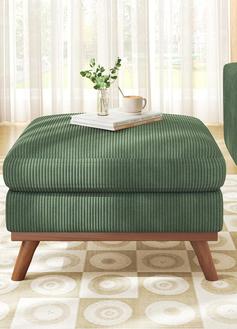 Large Rectangular Corduroy Ottoman with Spring Cushion, 29.5" Pouf Footrest for Living Room and Bedroom, Green Upholstery with Wooden Legs