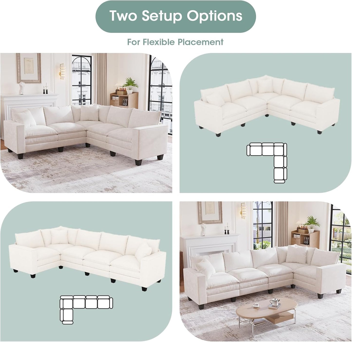 97" 5-Seat Modular Sectional Sofa, Convertible L-Shaped Comfy Cloud Couch with Armrest Storage and Two Pillows for Living Room, Bedroom, Apartment, Beige