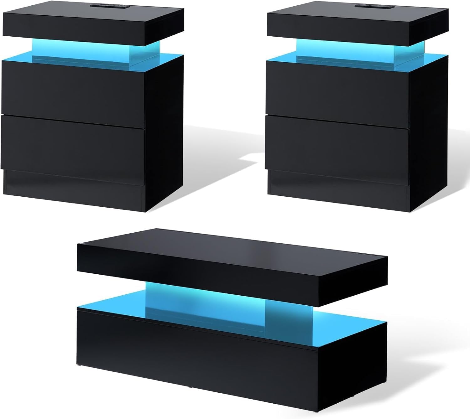 3-Piece High Gloss Living Room Table Set, Includes Modern LED Coffee Table with 2-Tier Design and 2 Matching Nightstands with Charging Station, Black