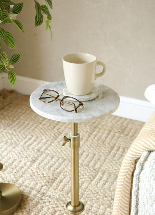 Adjustable-Height Marble Accent Table - 10x10x22-30, White Marble and Antique Brass, Modern Round End Table for Compact Spaces, Vintage Metal Martini Cocktail Stand