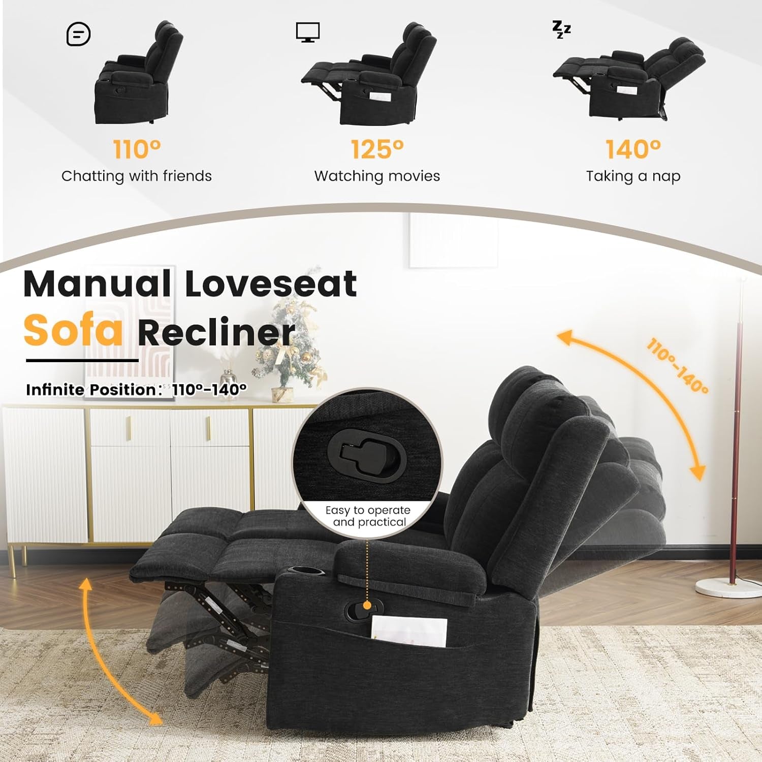 Loveseat Recliner Sofa, Double Recliner Loveseat with Adjustable Footrest & Cup Holder, Wall Hugger Sofa for Living Room & Home Theater & Rv(Black)