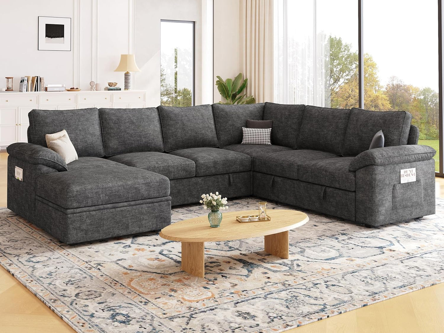 108 Inch Sectional Sleeper Sofa with Pull Out Bed, U Shaped 7 Seat Modular Sectional Sofa with Storage, Sectional Couches for Living Room, Cloud Modular Couch,Removable Sofa Cover, Dark Grey