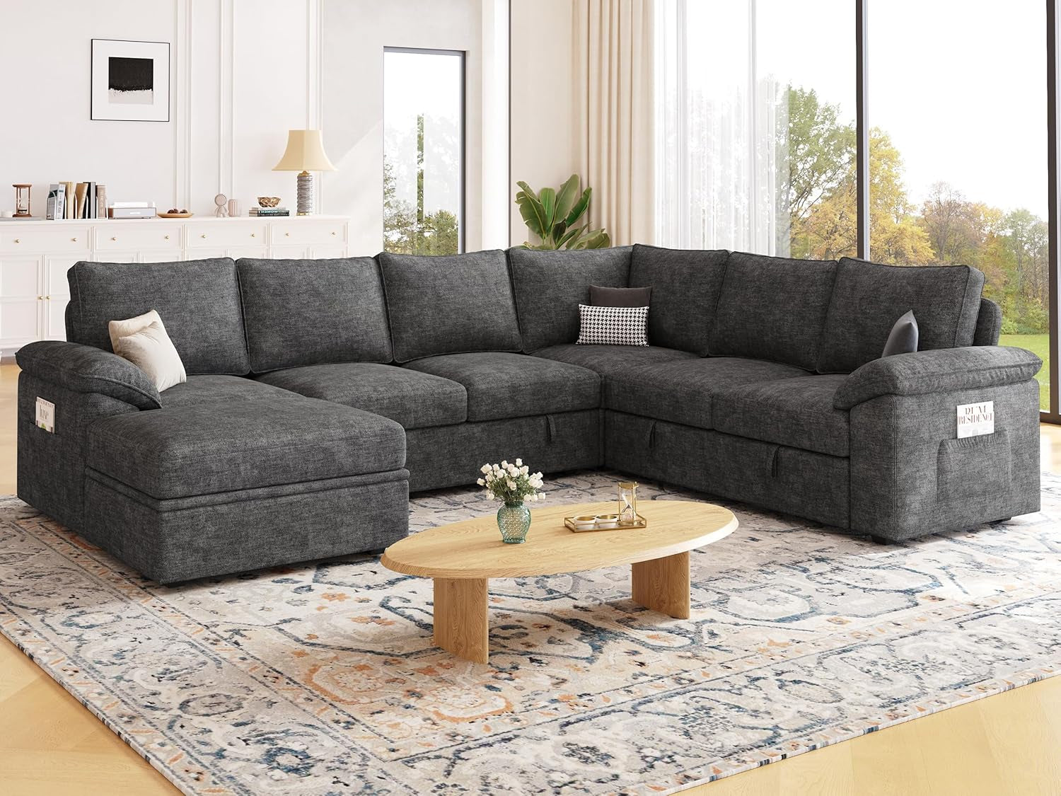 108 Inch Sectional Sleeper Sofa with Pull Out Bed, U Shaped 7 Seat Modular Sectional Sofa with Storage, Sectional Couches for Living Room, Cloud Modular Couch,Removable Sofa Cover, Dark Grey