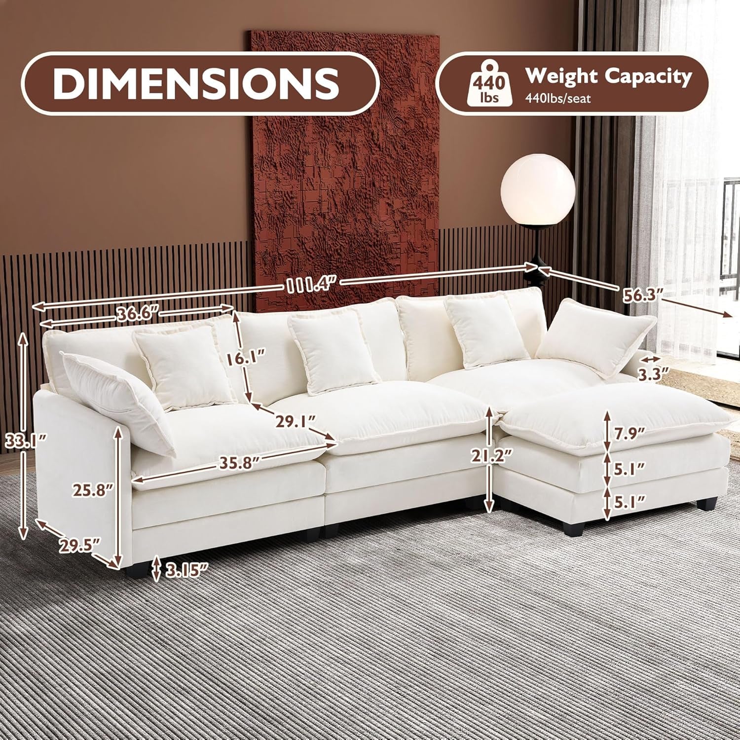 111.4" L Shaped Modern Sofa Modular Sectional Cloud Couch with Ottoman, 4-Seat Chenille Deep Seat Sofa with Pillow for Living Room, Bedroom and Apartment, Beige