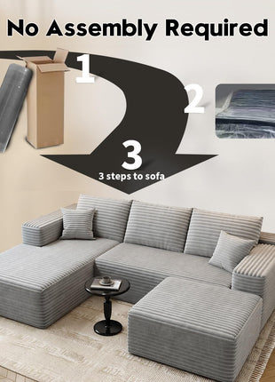 107.5" Cloud Modular Sectional Sofa with Ottoman, Contemporary Minimalist Upholstered Design, Deep Seat U-Shaped Couch for Living Room, No Assembly Required (Grey, Left-Facing Chaise)