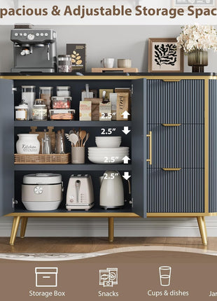 47.3" Contemporary Buffet Cabinet with Storage, Featuring 2 Doors and 3 Drawers, Fluted Design Coffee Bar Storage Solution for Dining Room, Living Room, and Entryway in Navy Blue