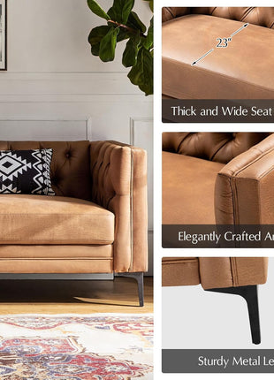 84" Faux Leather Upholstered 3-Seater Sofa with Metal Legs, Button-Tufted Design, Mid-Century Modern Style for Living Room and Entertainment Areas, Camel Color